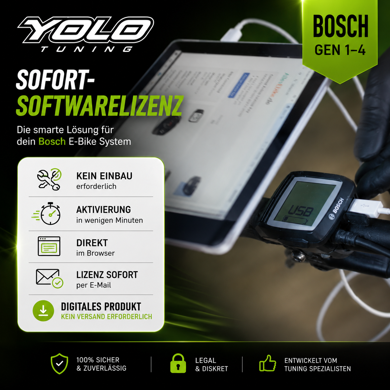 Bosch E-Bike Tuning Lizenzcode Generation 1 bis 4 - Entdrosselung ohne Chip per Micro-USB