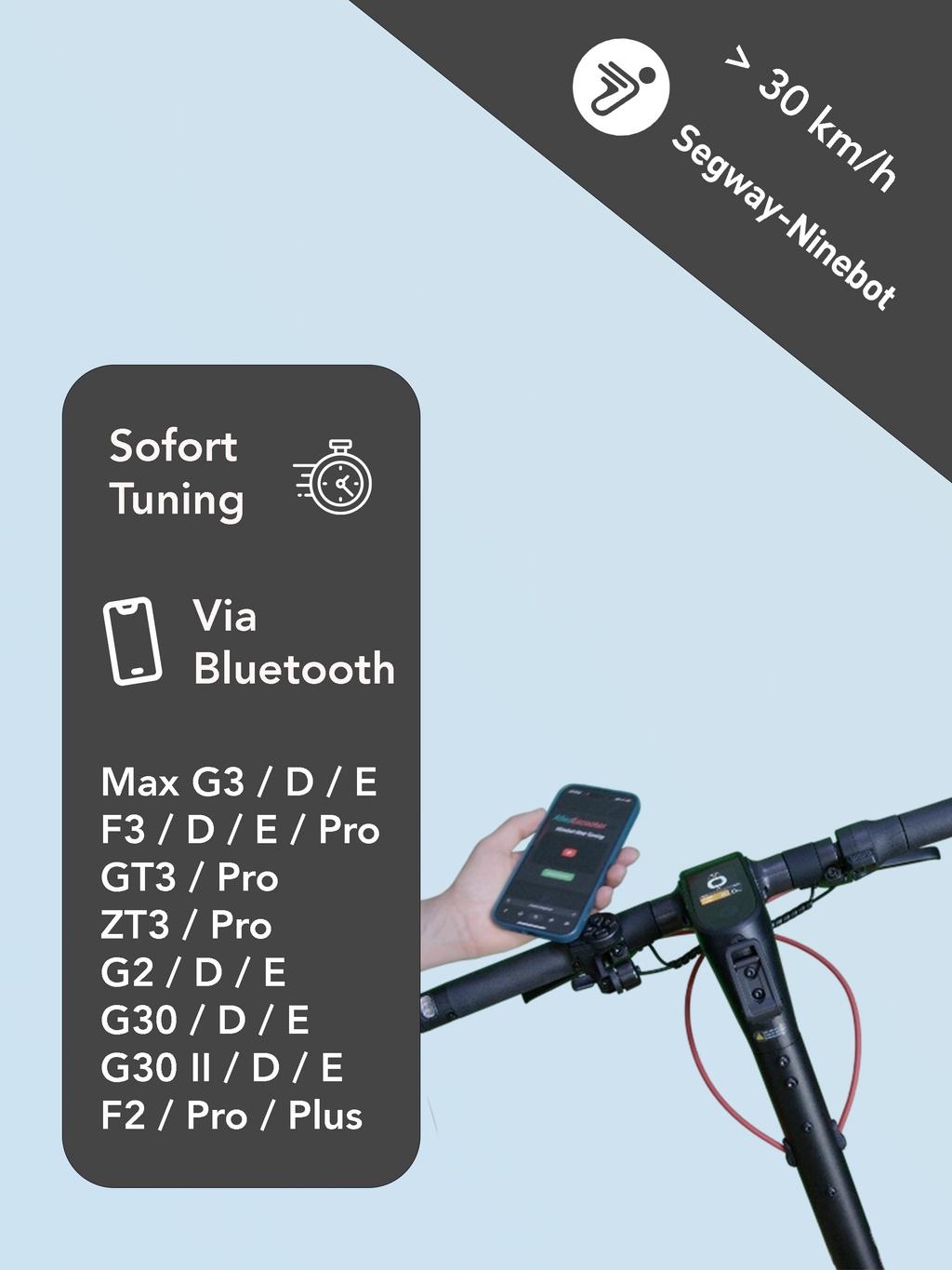 Online Sofort Tuning via Bluetooth für Ninebot Escooter G3 D + GT3 + ZT3 + G2 D + G30 D + F2 + F2 Plus + F2 Pro