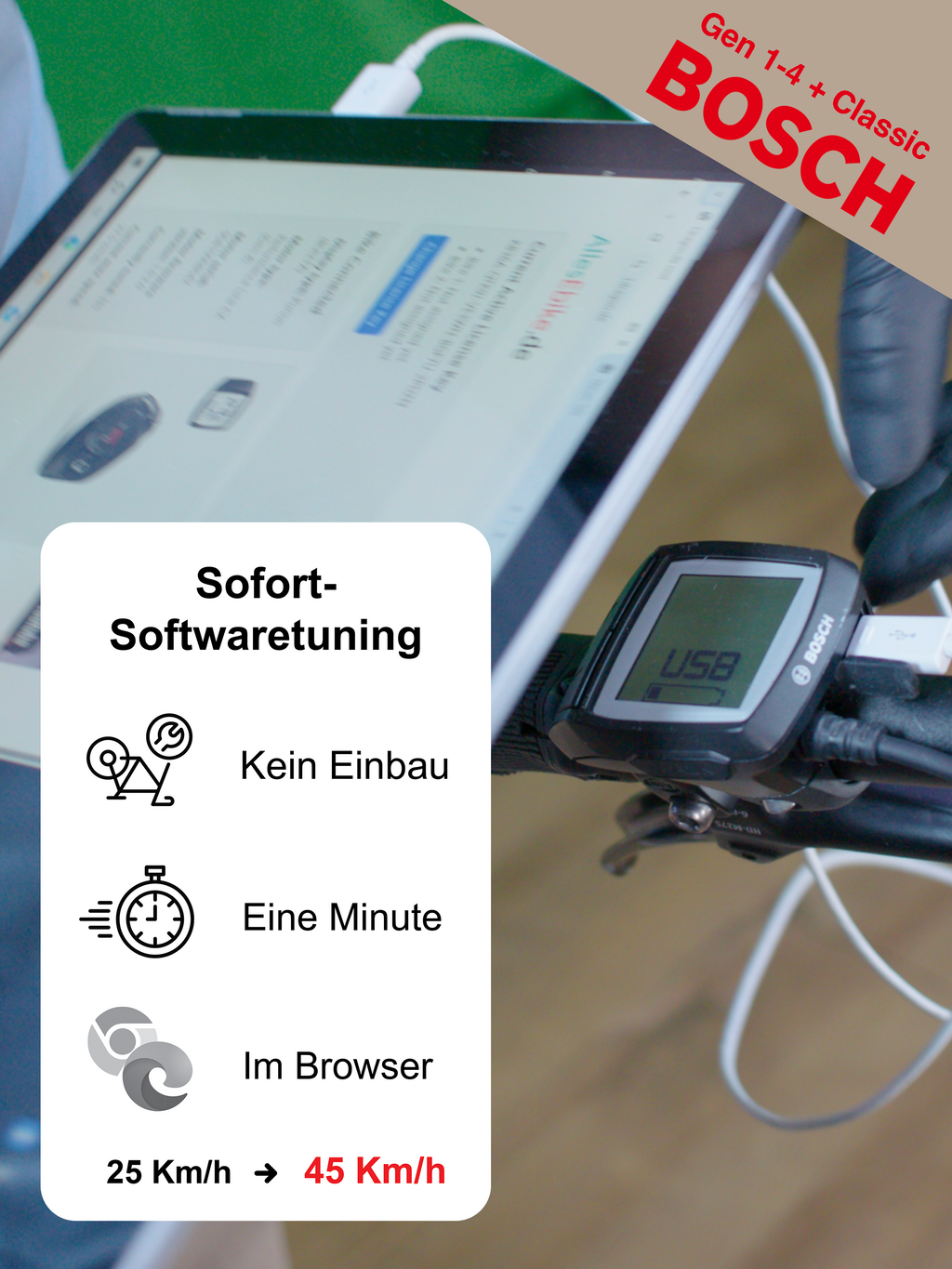 BOSCH Ebike Sofort - Software Tuning ohne Einbau via Mikro-USB für Gen1-4 von 25m/h auf 45km/h