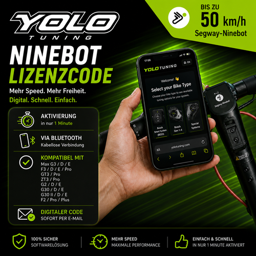 Ninebot Tuning Lizenzcode von YoloTuning - digitale Freischaltung per Bluetooth ohne Einbau